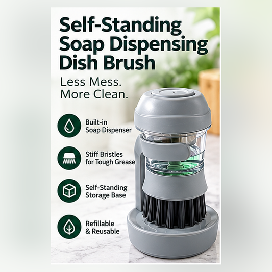 Self-Standing Soap Dispensing Dish Brush – Refillable Kitchen Scrub Brush with Holder