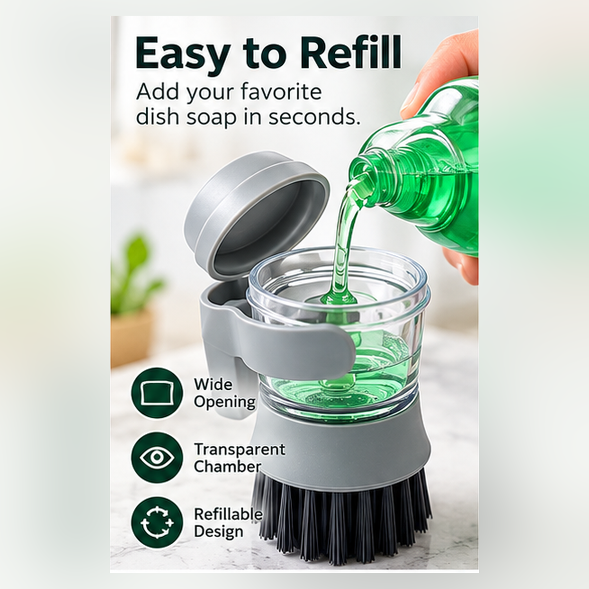 Self-Standing Soap Dispensing Dish Brush – Refillable Kitchen Scrub Brush with Holder